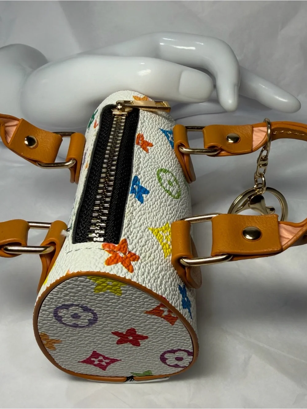 Multicolor Mini Bag Keychain & Bag Charm White with Tan Handles